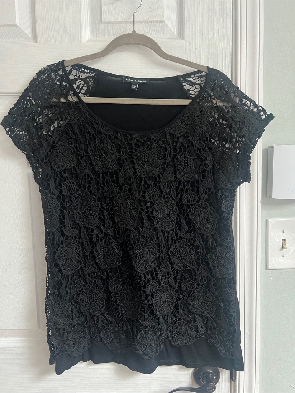 Black Lace Overlay Women's Top - Elegant Crochet Design